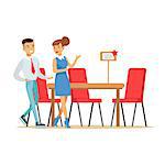 Couple Buying Big Dining Table And Chairs For Dining Room, Smiling Shopper In Furniture Shop Shopping For House Decor Elements. Cartoon Characters Looking For Home Interior Design Items In Shopping Mall.