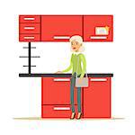 Woman Buying Red Kitchen Set, Smiling Shopper In Furniture Shop Shopping For House Decor Elements. Cartoon Character Looking For Home Interior Design Items In Shopping Mall.