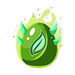 Egg With Green Flames And Leaf Print , Fantastic Natural Element Egg-Shaped Bright Color Vector Icon. Video Game Template Item For Magic Flash Game Design Constructor Isolated Cartoon Object.