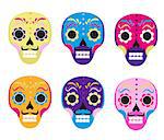 Sugar skull set icon, flat, cartoon style. Cute dead head, skeleton for the Day of the Dead in Mexico. Isolated on white background. Vector illustration, clip art