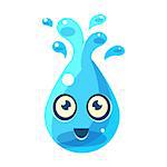 Blue Water Element With Splashes, Egg-Shaped Cute Fantastic Character With Big Eyes Vector Emoji Icon. Video Game Template Item For Magic Flash Game Design Constructor Isolated Cartoon Object.