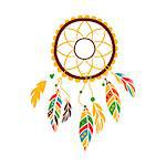 Decorative Dream Catcher With Feathers , Native Indian Culture Inspired Boho Ethnic Style Print. Tribal American Stylized Vector Illustration For Hipster Fashion Typographic Template.