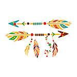 Two Decorative Arrows With Feathers, Native Indian Culture Inspired Boho Ethnic Style Print. Tribal American Stylized Vector Illustration For Hipster Fashion Typographic Template.
