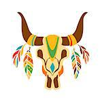 Buffalo Bull Scull Decorated With Painting And Feathers, Native Indian Culture Inspired Boho Ethnic Style Print. Tribal American Stylized Vector Illustration For Hipster Fashion Typographic Template.