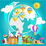 Travelling Attributes With Glove And Marked Destinations On The Background Cool Colorful Vector Illustration In Stylized Geometric Cartoon Design