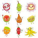 Tropical Fruits Girly Cartoon Characters Set. Childish Design Stickers With Humanized Bright Color Fruit Characters.