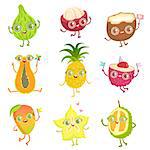 Exotic Fruits Girly Cartoon Characters Set. Childish Design Stickers With Humanized Bright Color Fruit Characters.