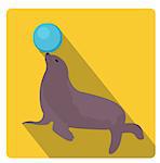 Sea lion with a ball, circus icon flat style with long shadows, isolated on white background. Vector illustration