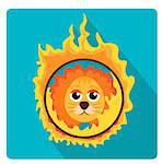 Lion jumping through a ring of fire in the circus icon flat style with long shadows, isolated on white background. Vector illustration