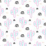 Cactus plant neon vector seamless pattern. Abstract cartoon desert fabric print. Scandinavian style cacti for wallpaper, textile, tablecloth.