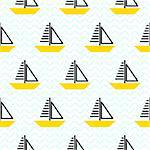 Sailing ship seamless kid vector pattern in scandinavian style. Boat and waves cute baby textile fabric surface blue and yellow background.