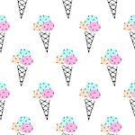Ice cream cone vector seamless pattern. Pop art pink and black icecream white pastel background for wrap and textile.