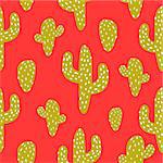 Green and red cactus vector seamless pattern. Bold cartoon cacti desert background.