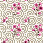 Japanese wave oriental seamless pattern. Asian style pattern with sakura bloom flowers and beige geometric shapes.