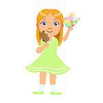 Pretty baby girl kid holding ice cream, a colorful character isolated on a white background