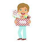 Cute little boy carrying a box of sweets, a colorful character isolated on a white background