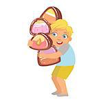 Little boy carrying big heavy candies, a colorful character isolated on a white background