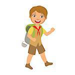 Smiling boy scout carrying a tourist backpack, a colorful character isolated on a white background