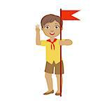 Cute boy scout carrying red flag, a colorful character isolated on a white background