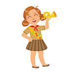 Little scout girl dressed in uniform and holding trumpet, a colorful character isolated on a white background , a colorful character isolated on a white background