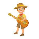 Happy boy scout with guitar, a colorful character isolated on a white background