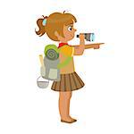 Girl scout carrying a backpack and looking through binoculars, side view, a colorful character isolated on a white background