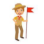 Scout boy with red flag dressed in uniform, a colorful character isolated on a white background