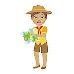 Cute boy scout holding a tourist map, a colorful character isolated on a white background, a colorful character isolated on a white background