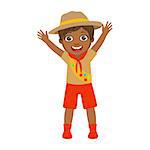 Happy scout boy raising her arms up, a colorful character isolated on a white background