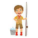 Happy boy scout with a fishing rod and bucket, a colorful character isolated on a white background