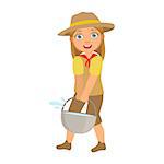 Scout girl dressed in uniform and holding tourist kettle, a colorful character isolated on a white background