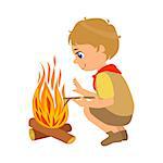 Boy scout squatting near the bonfire, a colorful character isolated on a white background