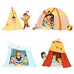 Cute little children playing and sitting in a tent teepee, set for label design. Funny lovely children having fun in children room. Cartoon detailed colorful Illustrations isolated on white background