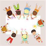 Cute litttle kids lying and drawing on big paper. Education and child development. Cartoon detailed colorful Illustration