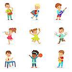Cute children dancing and playing musical instruments, set for label design. Education and child development. Cartoon detailed colorful Illustrations isolated on white background