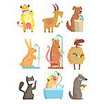 Funny animals taking a shower and washing, set for label design. Hygiene and care cartoon detailed Illustrations isolated on white background