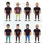 Character mens set on a white background. People with a beard, bald, with a mustache and glasses. Stylish high detailed graphic. Cartoon male. In fashion clothes.