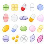 Set of different isolated, colorful pills.Medicine painkiller pills, pharmaceutical antibiotics drugs vector. Set of color pills, illustration of antibiotic and vitamin pill. Cartoon style vector illustration