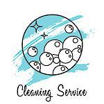Cleaning service company icon badge. Wash business label for banner template. Soap bubbles in round line icon with brush strokes on background.