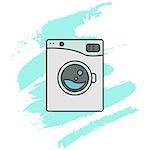 Washing machine line icon sign. Outlined automatic washer symbol. Blue aqua brush strokes on background.