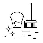 Cleaning tools bucket with water and mop line icons. Shiny cleanliness floor outline icon.