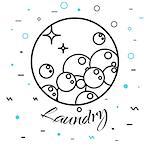 Laundry service company logo badge. Wash business label for logotype template. Soap bubbles in round line icon with signs on background.