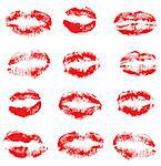 vector illustration of a set of lipstick kisses. Colorful imprints of real red lipstick textures. Can be used for design of fabric print; wrapping paper or romantic greeting cards.