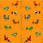 Tree with cute colorful birds seamless pattern background. Vector illustration