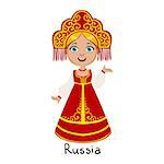 Girl In Russia Country National Clothes, Wearing Sarafan And Headdress Traditional For The Nation. Kid In Russian Costume Representing Nationality Cute Vector Illustration.
