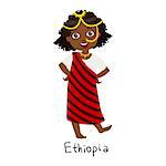 Girl In Ethiopia Country National Clothes, Wearing Stripy Cloth And Nose Chain Jewelry Traditional For The Nation. Kid In Ethiopian Costume Representing Nationality Cute Vector Illustration.