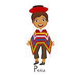 Boy In Peru Country National Clothes, Wearing Poncho Traditional For The Nation. Kid In Peruan Costume Representing Nationality Cute Vector Illustration.