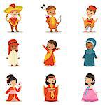 Kids Wearing National Costumes Of Different Countries Collection Of Cute Boys And Girls In Clothes Representing Nationality. Small Children In Cultural Disguise Series Of Cartoon Vector Illustrations