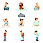 Children negative emotions, expression of different moods. Cartoon detailed colorful Illustrations isolated on white background