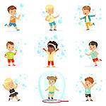Cute little girls and boys blowing and playing soap bubbles. Cartoon detailed colorful Illustrations isolated on white background